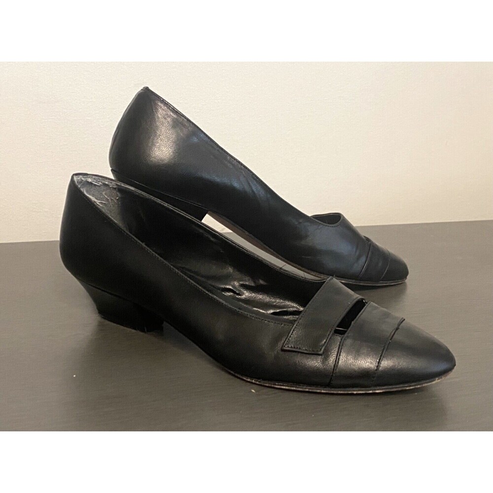 Vtg TIAMO Black Italian Leather Shoes Woman’s Sz 8 Low Heels Dress Slip-Ons